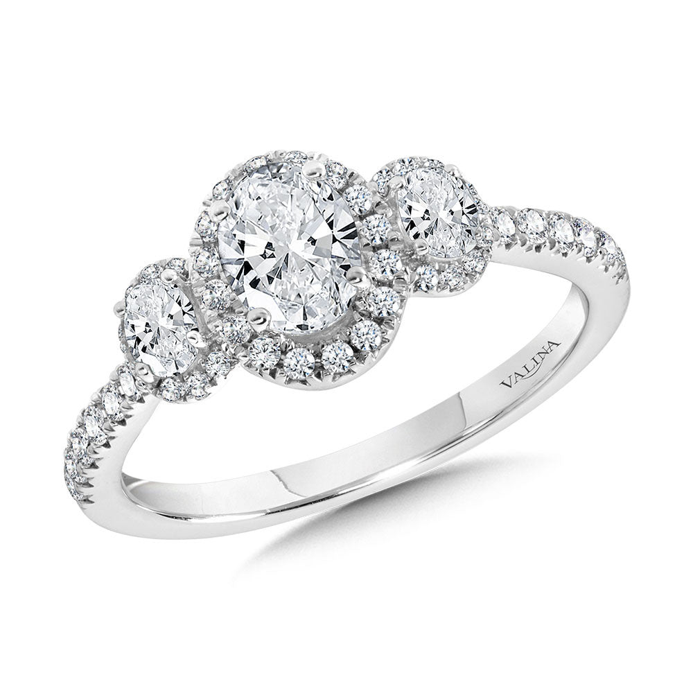 OVAL-CUT THREE-STONE DIAMOND HALO ENGAGEMENT RING R2261W-SR