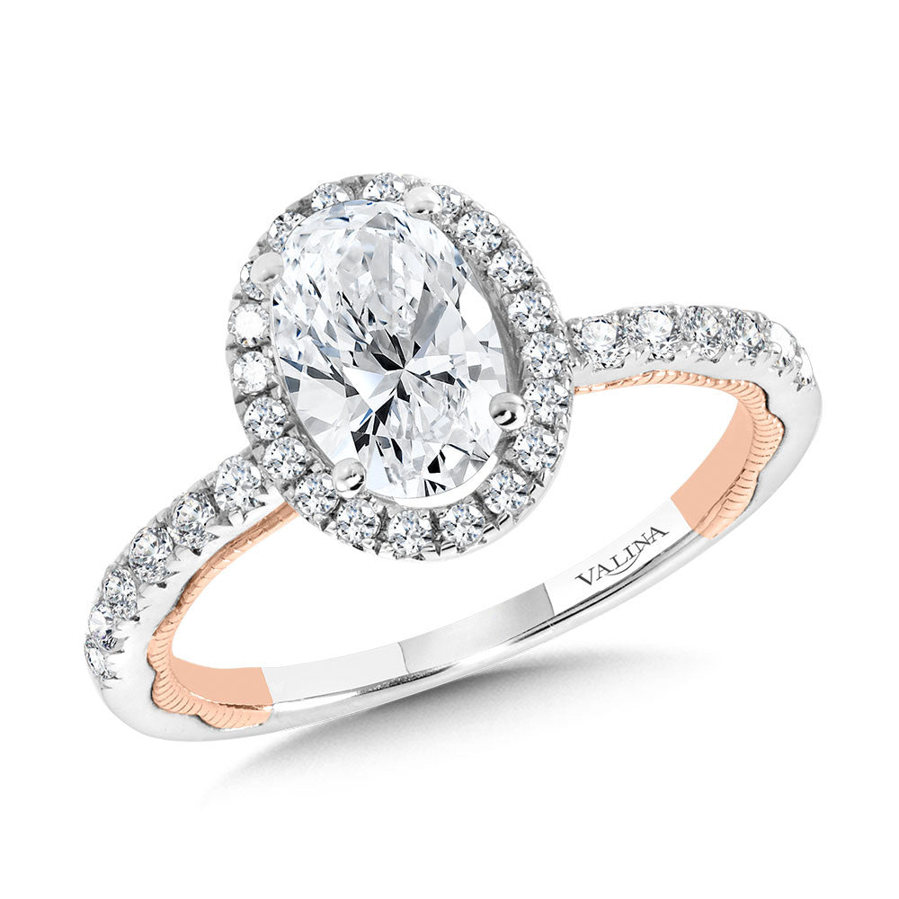 OVAL-CUT TWO-TONE & MILGRAIN-BEADED HIDDEN ACCENTS DIAMOND ENGAGEMENT RING. R2284WP-SR