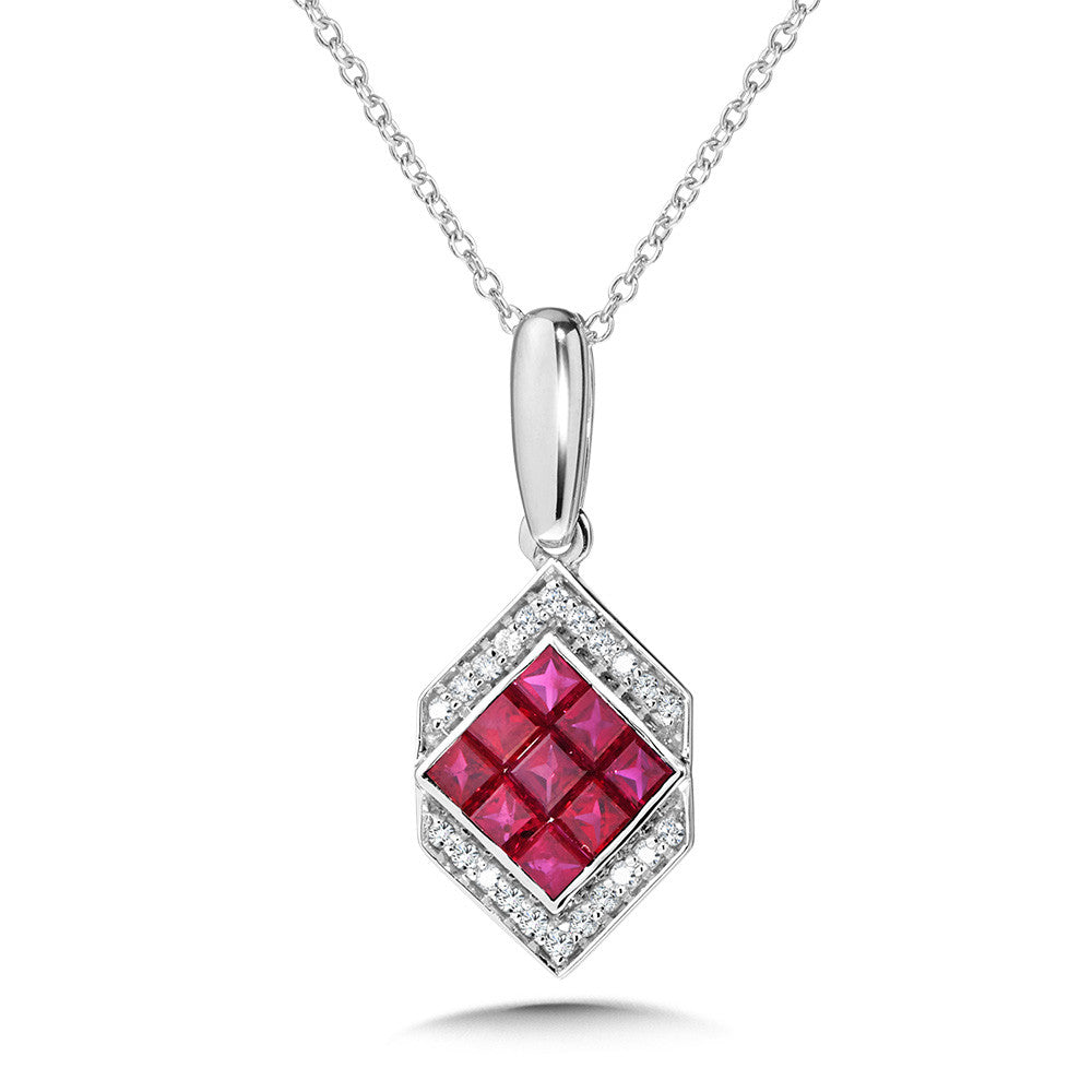 PRINCESS-CUT RUBY CLUSTER & PARTIAL DIAMOND HALO HEXAGON PENDANT PCR1017-W