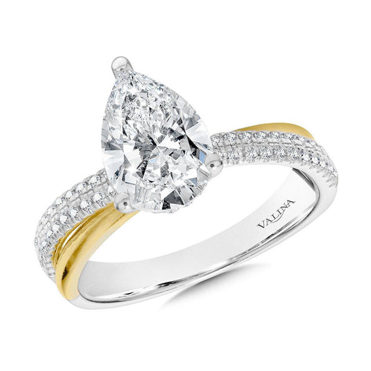 Valina Pear-Cut, Hidden Halo, Two-Tone, Crisscross, Split Shank Diamond Engagement Ring R2385WY-SR