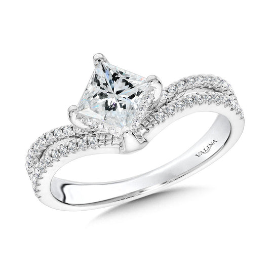 Valina Princess-Cut Hidden Halo, Split Shank, & Chevron-Shaped Diamond Engagement Ring w/ Compass Prongs R2378W-SR