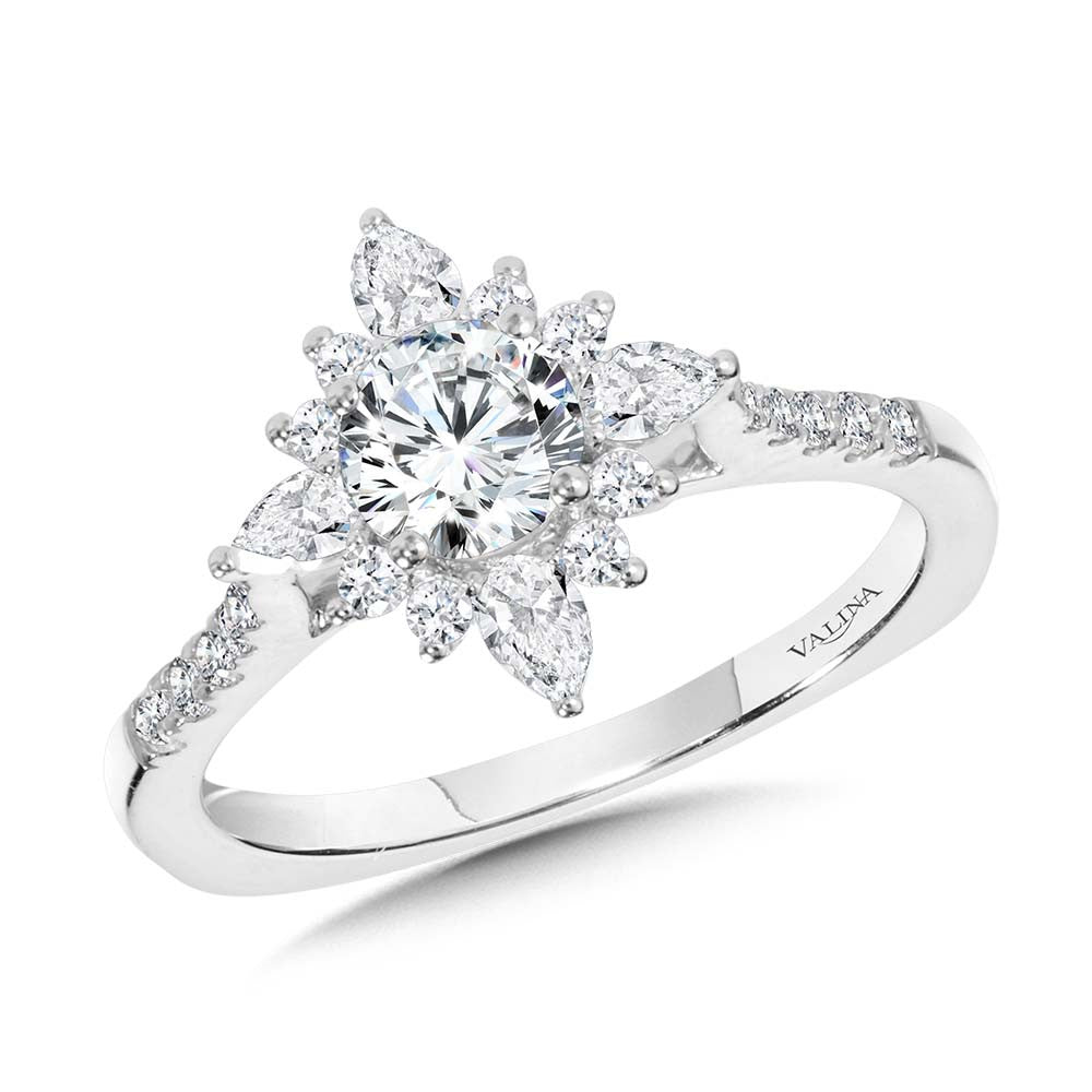 Valina Prong-Tipped & Pear-Accented Sun Burst Diamond Halo Engagement Ring R2206W