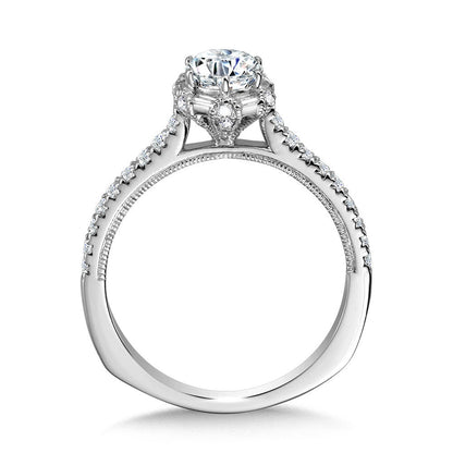 Valina Six-Prong Milgrain-Beaded Baguette Halo Engagement Ring R1105W