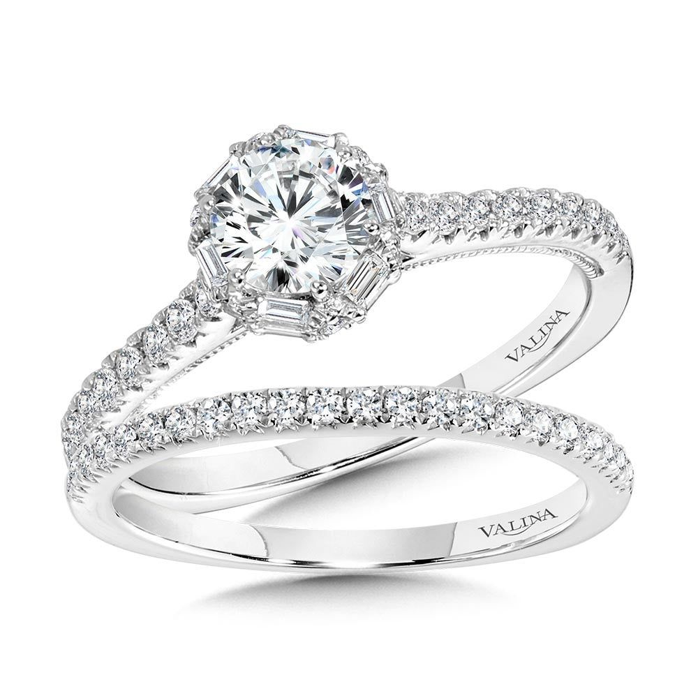 Valina Six-Prong Milgrain-Beaded Baguette Halo Engagement Ring R1105W