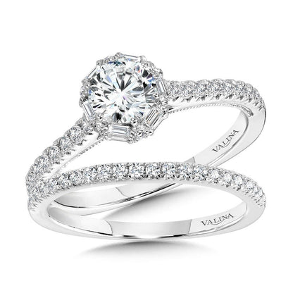 Valina Six-Prong Milgrain-Beaded Baguette Halo Engagement Ring R1105W