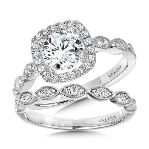 Scalloped & Milgrain-Beaded Cushion-Shaped Halo Engagement Ring R1127W-SR