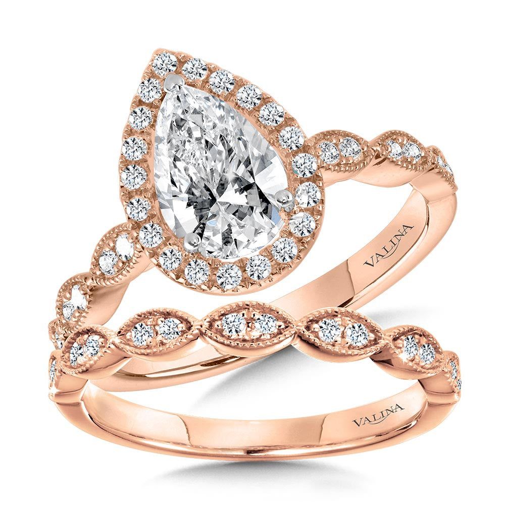 Valina Scalloped & Milgrain-Beaded Pear-Shaped Halo Engagement Ring R1129P-SR