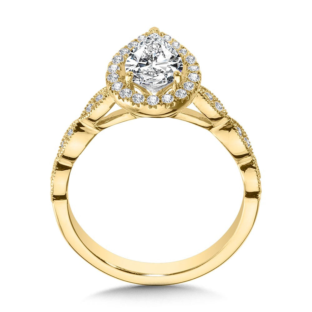 SCALLOPED & MILGRAIN-BEADED PEAR-SHAPED HALO ENGAGEMENT RING R1129Y-SR