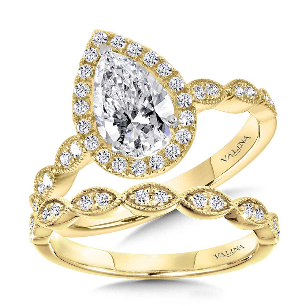 SCALLOPED & MILGRAIN-BEADED PEAR-SHAPED HALO ENGAGEMENT RING R1129Y-SR