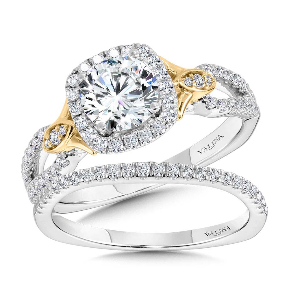 Valina Dual-Tone Split Shank Cushion-Shaped Halo Engagement Ring R1173WY