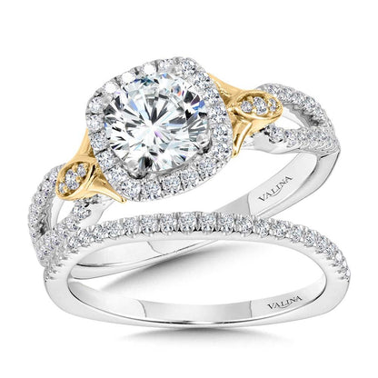Valina Dual-Tone Split Shank Cushion-Shaped Halo Engagement Ring R1173WY