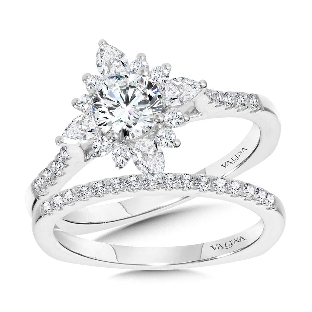 PRONG-TIPPED & PEAR-ACCENTED SUN BURST DIAMOND HALO ENGAGEMENT RING R2206W