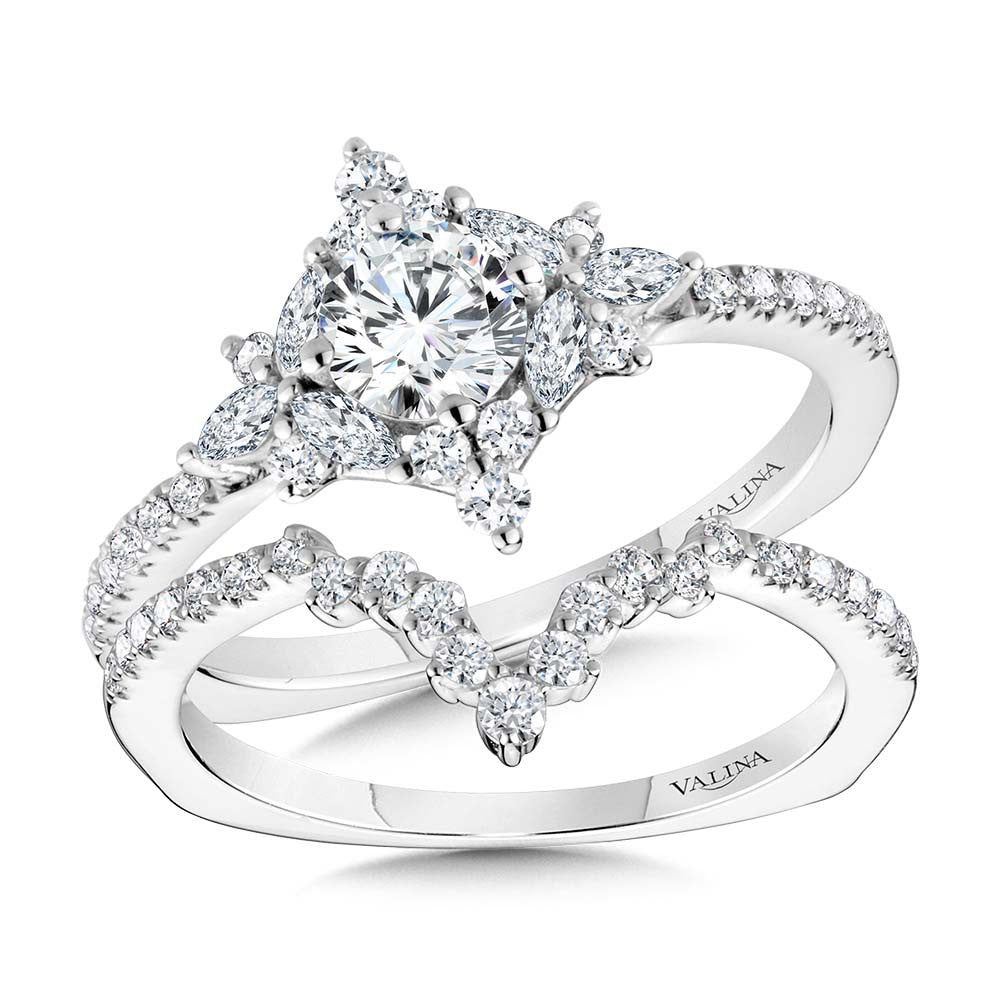 Valina Marquise-Accented Sun Burst Tapered Diamond Halo Engagement Ring R2208W