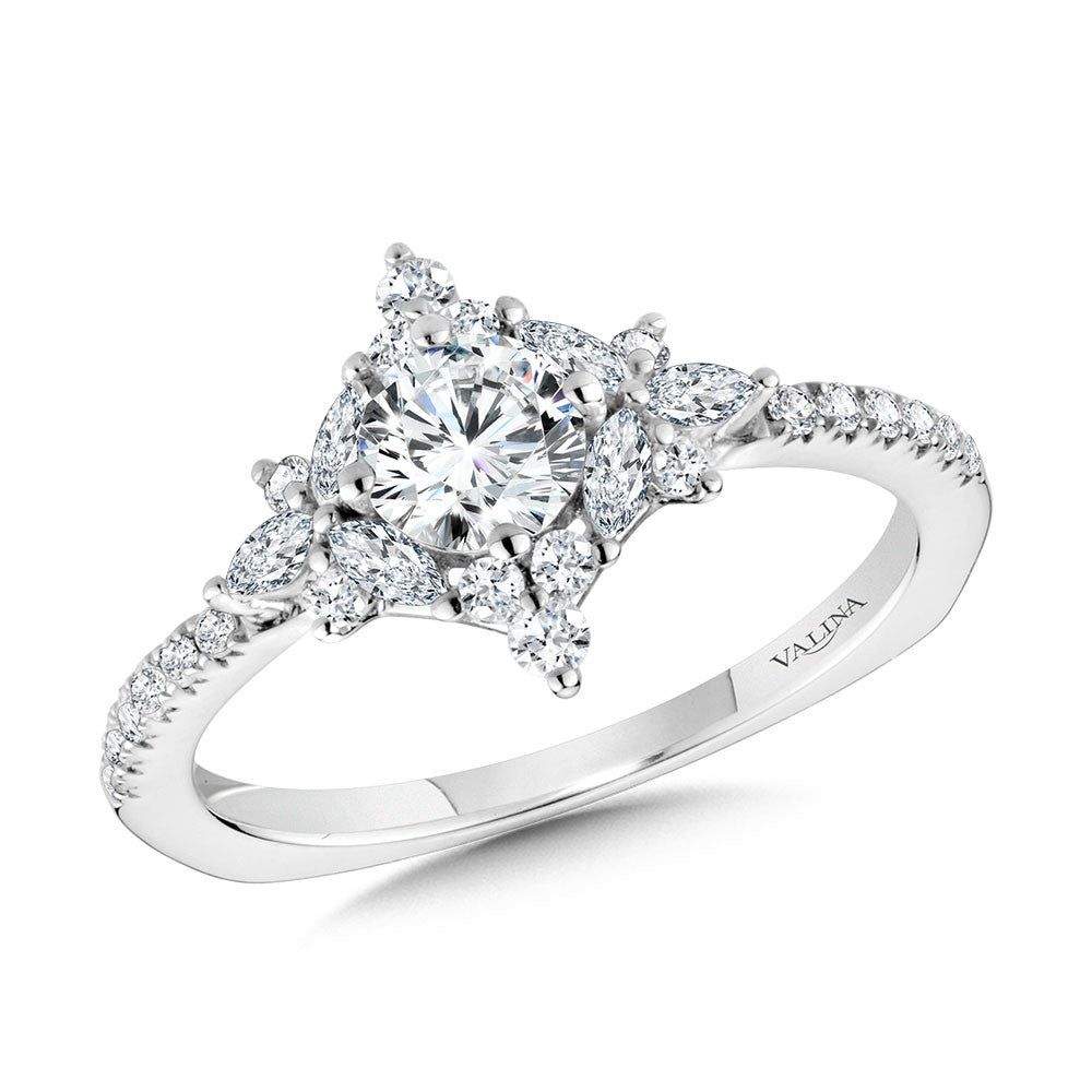Valina Marquise-Accented Sun Burst Tapered Diamond Halo Engagement Ring R2208W