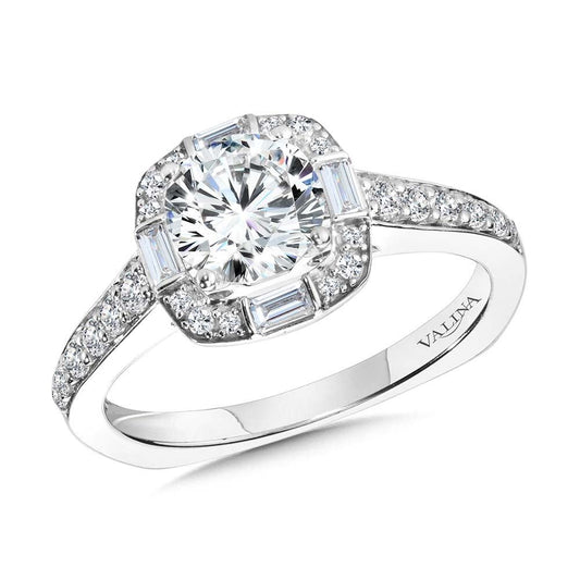Valina Baguette-Accented Cushion-Shaped Halo Diamond Engagement Ring w/ Channel-set Illusion R2216W