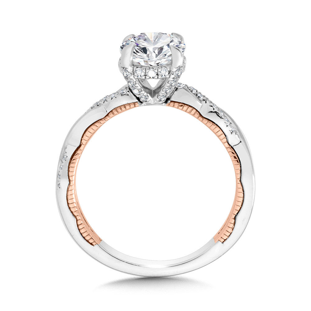 CRISSCROSS TWO-TONE & MILGRAIN-BEADED HIDDEN HALO DIAMOND ENGAGEMENT RING R2272WP-SR