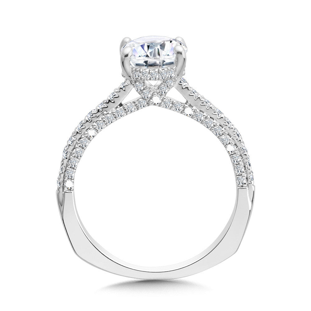 STRAIGHT OVAL-CUT HIDDEN HALO ENGAGEMENT RING W/ DIAMOND ARCH UNDERGALLERY R2302W