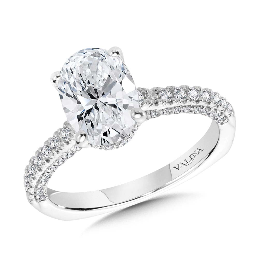 STRAIGHT OVAL-CUT HIDDEN HALO ENGAGEMENT RING W/ DIAMOND ARCH UNDERGALLERY R2302W