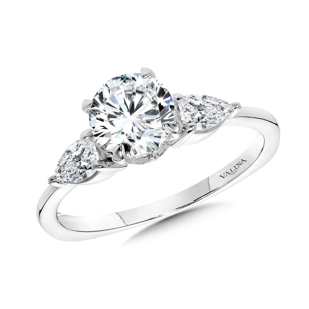 Valina Three-Stone Pear-Accented Diamond Solitaire Engagement Ring w/ Chevron Collar R2346W