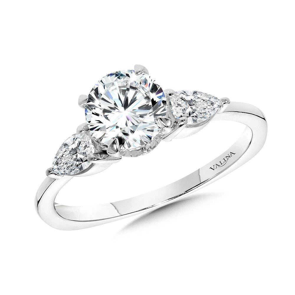 Valina Three-Stone Pear-Accented Diamond Solitaire Engagement Ring w/ Chevron Collar R2346W