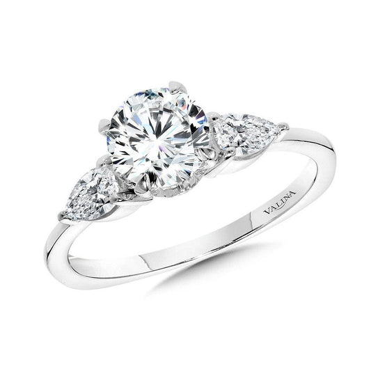 Valina Three-Stone Pear-Accented Diamond Solitaire Engagement Ring w/ Chevron Collar R2346W