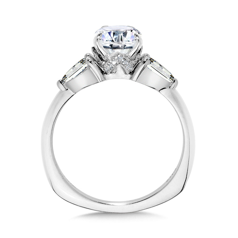 Valina Three-Stone Pear-Accented Diamond Solitaire Engagement Ring w/ Chevron Collar R2346W