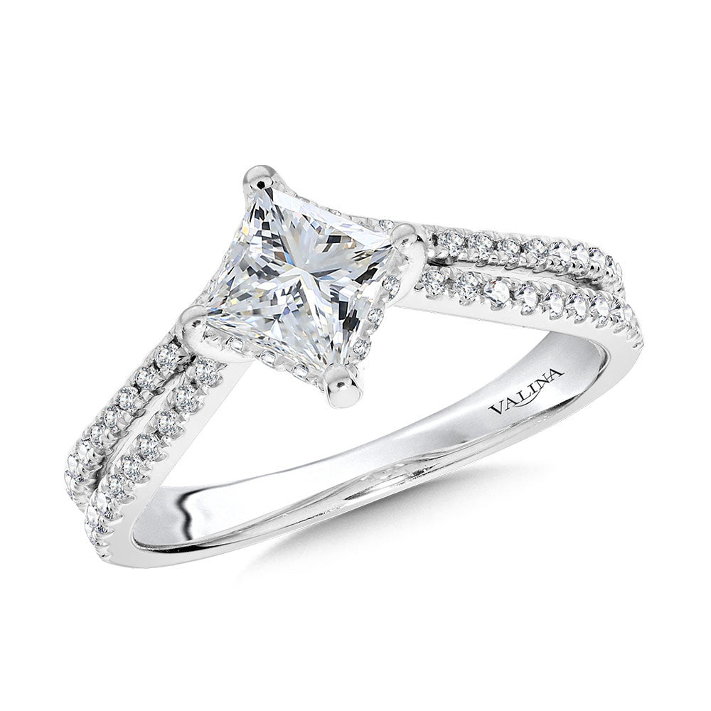 Valina Princess-Cut Hidden Halo, Split Shank, & Chevron-Shaped Diamond Engagement Ring w/ Compass Prongs R2378W-SR