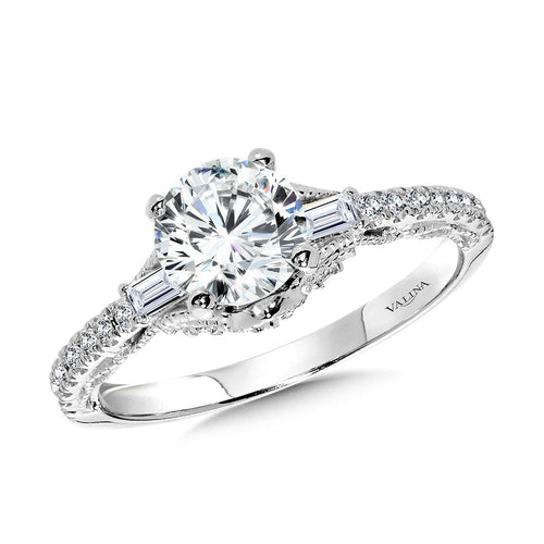 Baguette-Accented & Milgrain-Beaded Vintage Diamond Engagement Ring R2379W-SR
