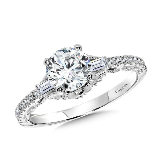 Valina Baguette-Accented & Milgrain-Beaded Vintage Diamond Engagement Ring R2379W-SR
