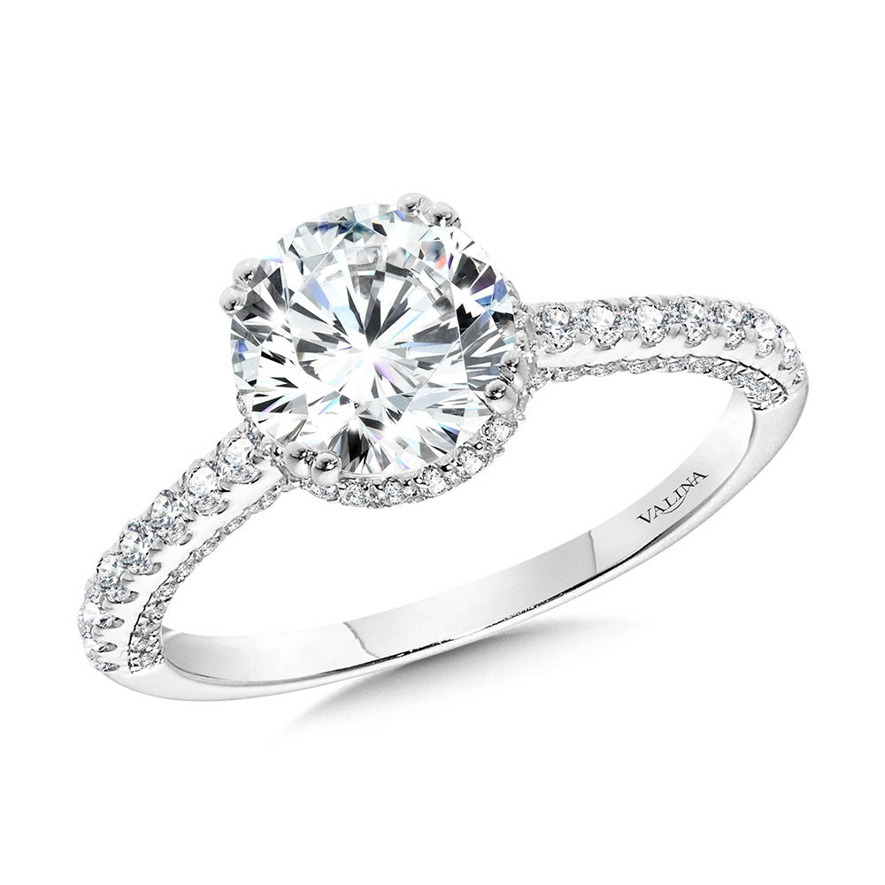 STRAIGHT DROP HALO DIAMOND ENGAGEMENT RING W/ UNDERGALLERY ARCH & DOUBLE PRONGS R2397W-SR