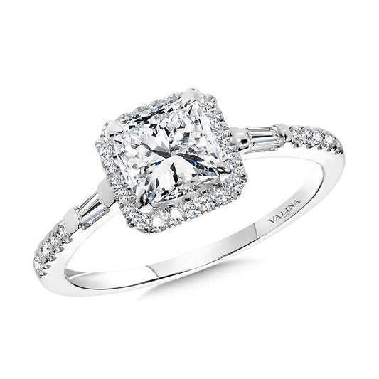 Cushion-Cut & Baguette-Accented Diamond Halo Engagement Ring R2403W-SR