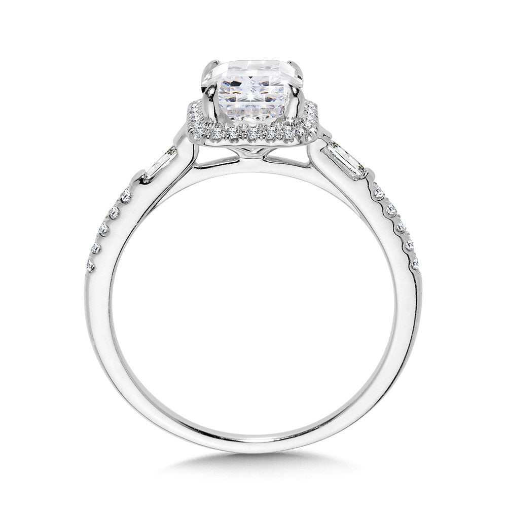 Cushion-Cut & Baguette-Accented Diamond Halo Engagement Ring R2403W-SR
