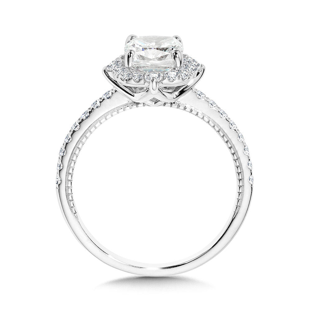 CUSHION-CUT COMPASS-INSPIRED HALO & MILGRAIN-BEADED DIAMOND ENGAGEMENT RING R2414W-SR