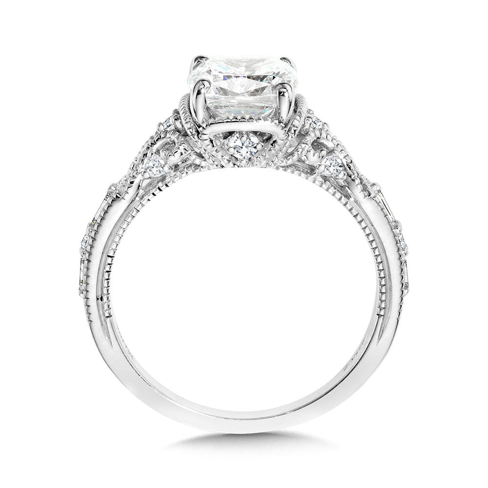 CUSHION-CUT, TAPERED & INTRICATELY MILGRAIN-BEADED DIAMOND ENGAGEMENT RING R2418W-SR