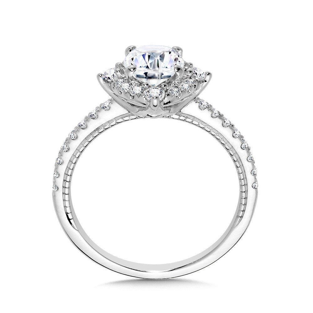 FOUR-POINTED HALO & OVAL-CUT MILGRAIN-BEADED DIAMOND ENGAGEMENT RING R2427W-SR