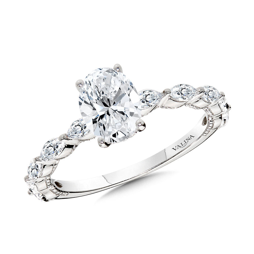 Valina Oval-Cut Diamond & Milgrain-Beaded Shared Prong Engagement Ring w/ Hidden Halo R2430W-SR