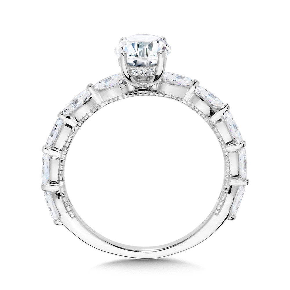 OVAL-CUT DIAMOND & MILGRAIN-BEADED SHARED PRONG ENGAGEMENT RING W/ HIDDEN HALO R2430W-SR