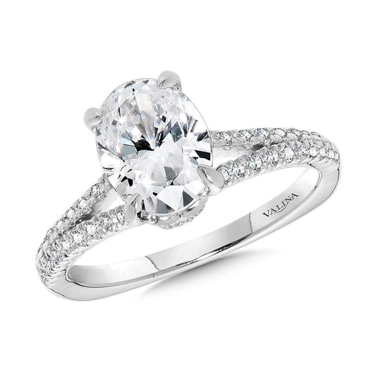 Valina Split Shank Diamond Engagement Ring w/ Milgrain-Beaded Chevron Collar R2435W