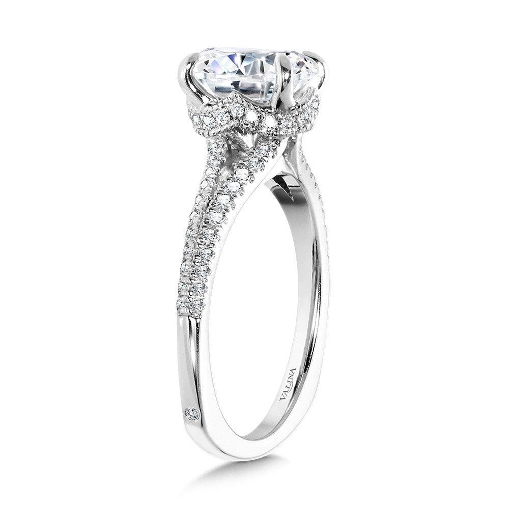 Valina Split Shank Diamond Engagement Ring w/ Milgrain-Beaded Chevron Collar R2435W