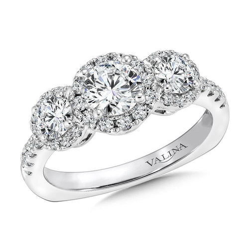Three stone halo Engagement Ring R9433W