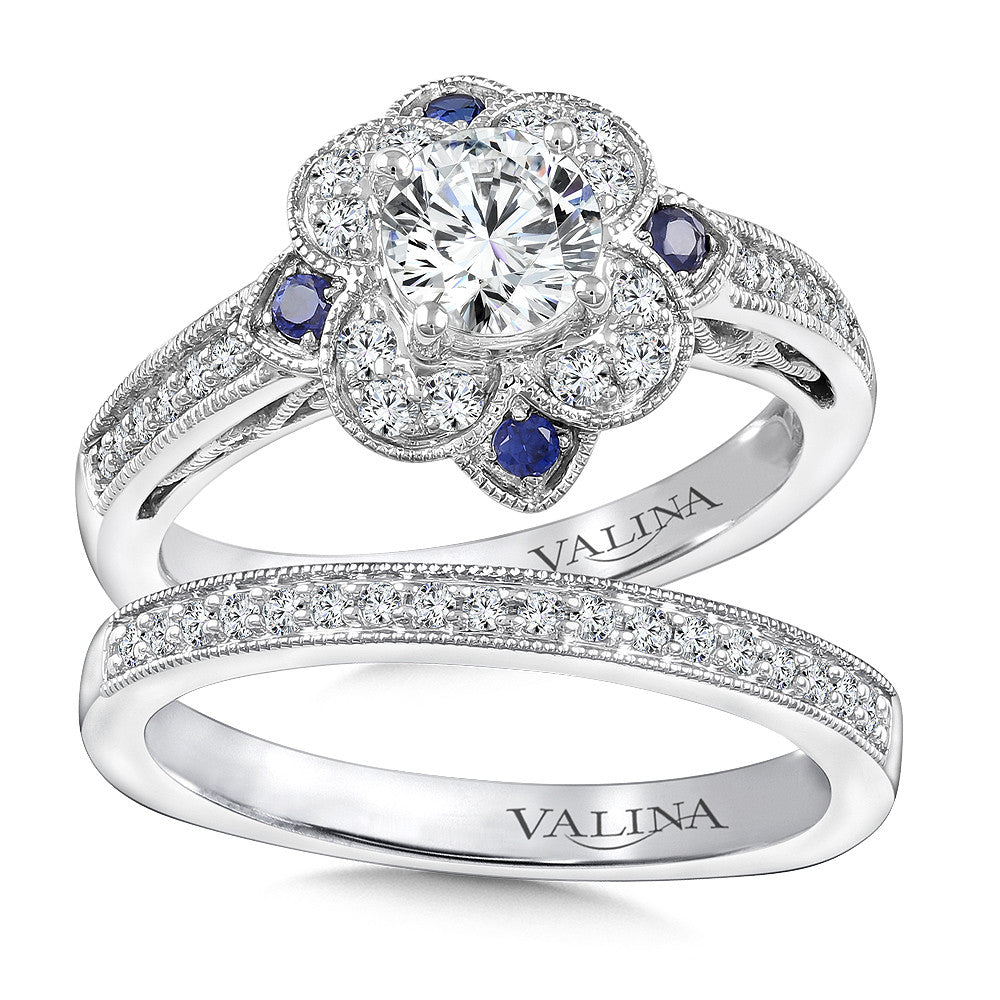 Valina Floral Diamond and Blue Sapphire Halo Engagement Ring R9759W-BSA