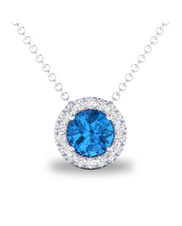 10K WHITE GOLD BLUE TOPAZ AND DIAMONDS PENDANT. DECEMBER BIRTHSTONE.