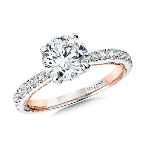 Tapered Two-Tone & Milgrain-Beaded Hidden Halo Diamond Engagement Ring R2268WP-SR