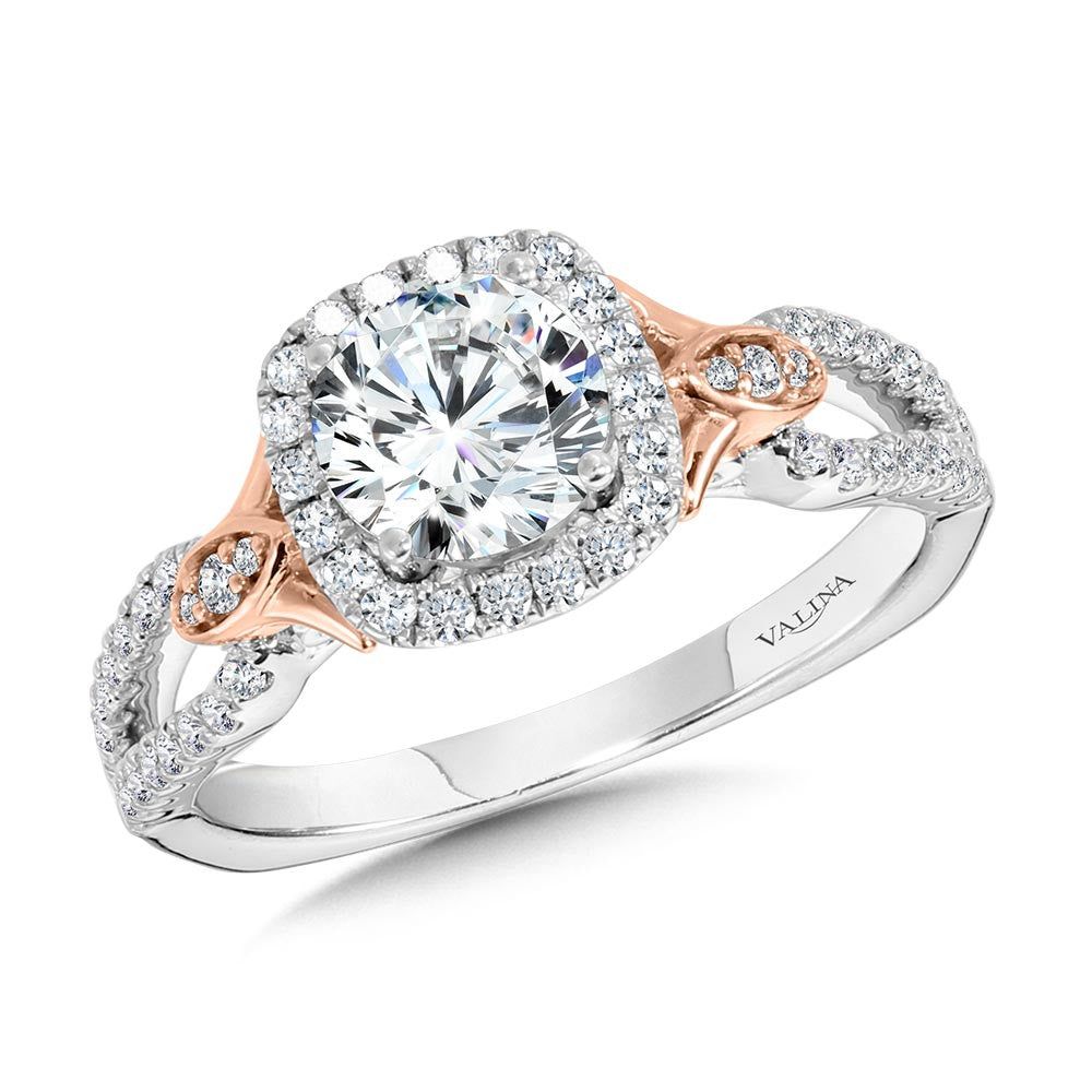 Valina Dual-Tone Split Shank Cushion-Shaped Halo Engagement Ring R1173WP