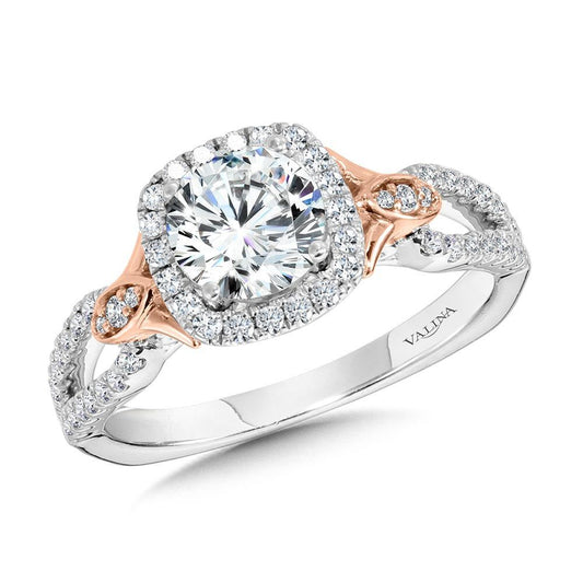 Valina Dual-Tone Split Shank Cushion-Shaped Halo Engagement Ring R1173WP