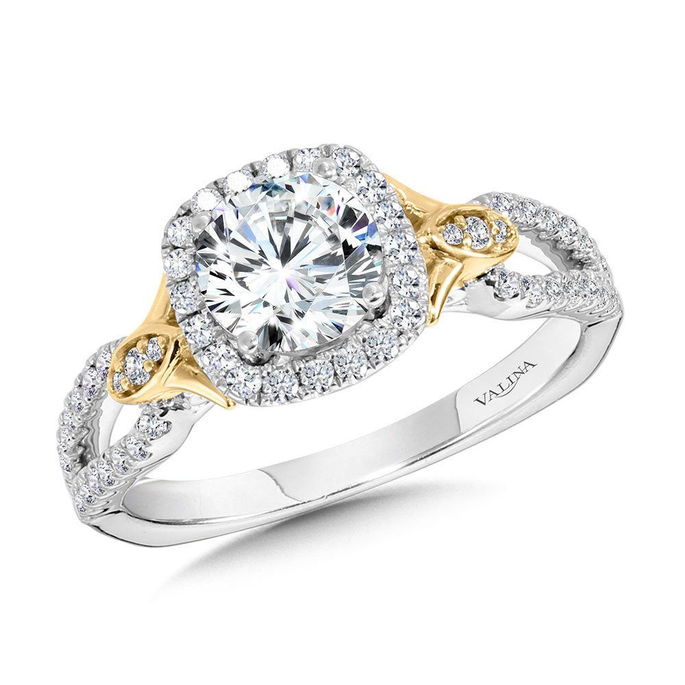 Valina Dual-Tone Split Shank Cushion-Shaped Halo Engagement Ring R1173WY