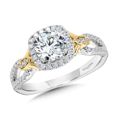 Valina Dual-Tone Split Shank Cushion-Shaped Halo Engagement Ring R1173WY
