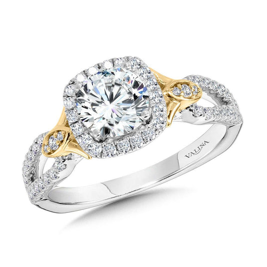 Valina Dual-Tone Split Shank Cushion-Shaped Halo Engagement Ring R1173WY