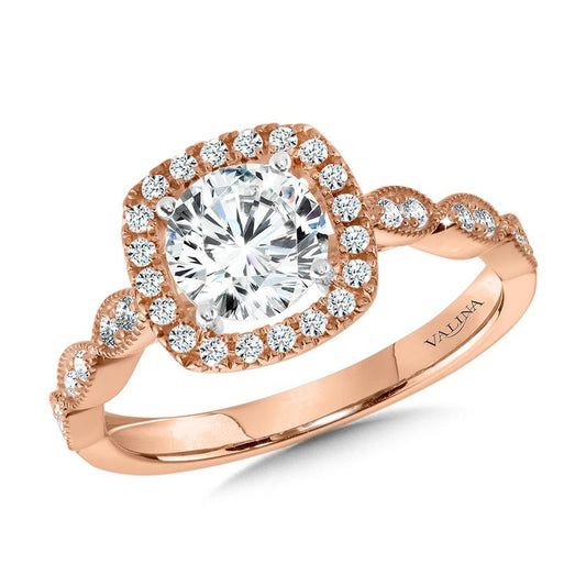 Valina Scalloped & Milgrain-Beaded Cushion-Shaped Halo Engagement Ring R1127P-SR