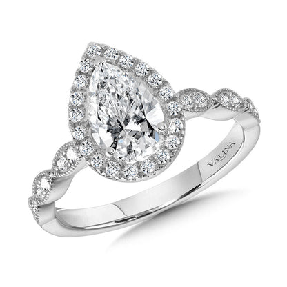 Valina Scalloped & Milgrain-Beaded Pear-Shaped Halo Engagement Ring R1129W-SR